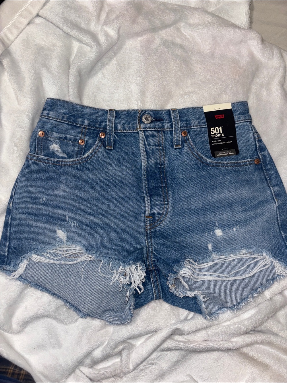 Levi's 501 High-Rise Distressed Jean Shorts - Medium Blue